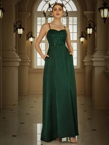 Eilly Bazar Váy dự tiệc sequin cami tương phản thanh lịch, trang trọng, dự tiệc cưới bán trang trọng, sinh nhật, tốt nghiệp, dạ hội - Màu xanh lá cây đậm - Xem 4