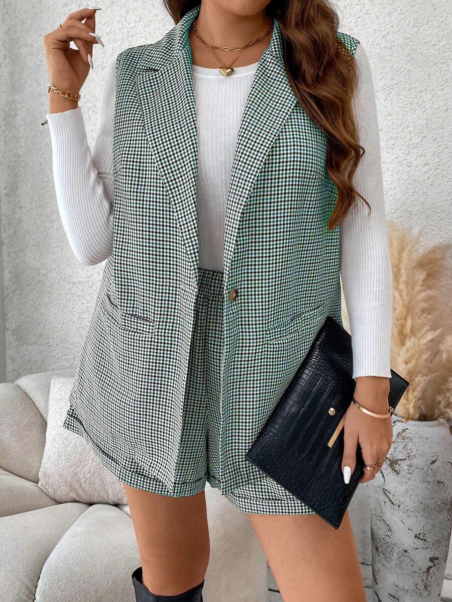 Flirla Plus Size Plaid Print Single-Button Sleeveless Blazer Jacket & Suit Shorts Set, Formal Office Wear