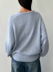 Dazy-Less Women's Plain V-Neck Knitted Sweater, Casual For Autumn/Winter,Fall Women Clothes - Blue - View 5