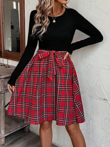 EMERY ROSE 女式格子印花系带圆领长袖中长连衣裙 - 彩色 - 查看 1