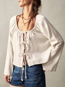 Bohemela Casual Solid Color Woven Flare Sleeve Round Neck Loose Blouse For Women