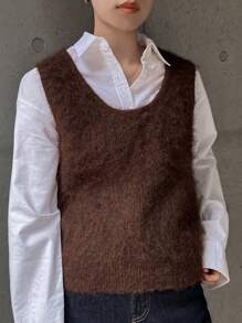 FRIFUL 女士纯色圆领休闲毛衣背心，秋冬