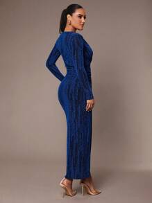 Silquee Robe élégante et magnifique pour femme à manches longues, convenant à l'automne et l'hiver. Coupe ajustée avec paillettes, encolure en V et épaulettes rembourrées. Design drapé, idéale pour Halloween, Thanksgiving, Noël et le Nouvel An