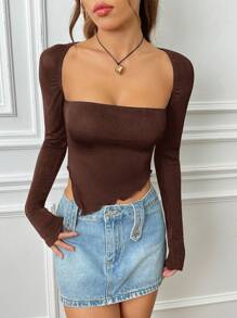 SHEIN EZwear Spring Black Long Sleeves Slim Fit Asymmetrical Wave Edge Hem Crop Tee - Chocolate Brown - View 5