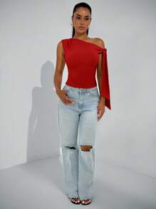 SHEIN BAE Áo cánh lệch vai thanh lịch cổ bẻ cho nữ, thích hợp cho các buổi hẹn hò hàng ngày, chuyến đi, hộp đêm, tiệc tùng, trang phục Halloween - Đỏ - Xem 3