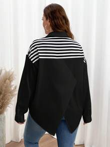 SHEIN Essnce Camisa blanca de mujer talla grande, camisa de manga larga, camisa informal y holgada con parches de rayas, ropa de maestra para otoño, ropa de vuelta al colegio para otoño, blusas de mujer para otoño, camisas escolares de manga larga blancas - Negro - Ver 6