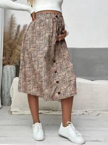 SHEIN Maternity Full-Print Button Front Elastic Waist Knee-Length Skirt - Apricot - View 5