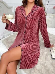 Vestido casual de mujer de manga larga con escote en V de terciopelo con acabado en contraste de color
