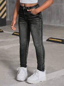 SHEIN Tween Girl Y2K 石洗黑色高腰紧身牛仔裤，返校服，百搭款式，夏季返校街头服饰，海滩波西米亚风演唱会宽松阔腿裤，狂欢节，毕业典礼