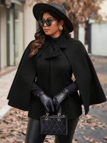 SHEIN Unity Plus Size Solid Color Lapel Belted Cape Sleeve Long Coat, For Winter - Black - View 3
