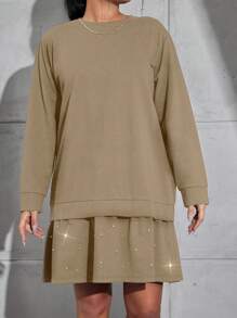 SHEIN Cottnline Plus Size Women Solid Color Round Neck Long Sleeve Ruffle Hem Casual Loose Dress, Autumn - Beige - View 3