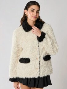 Enchnt 女士休闲宽松黑白拼色单排扣蓬松夹克，日常，工作，冬季女装，圣诞女装，