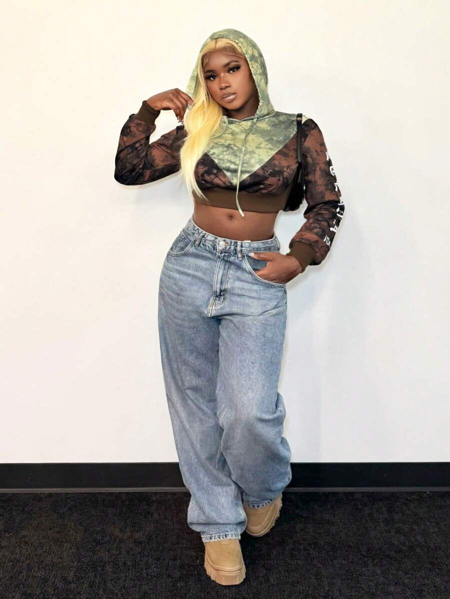 BamGleam 1 件女式扎染印花长袖短款连帽衫，秋季 - 彩色 - 查看 1