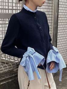 FRIFUL Damen Herbst/Winter Langarm Kontrast Farbige Schleife Manschette Strickjacke, Langarm Oberteil