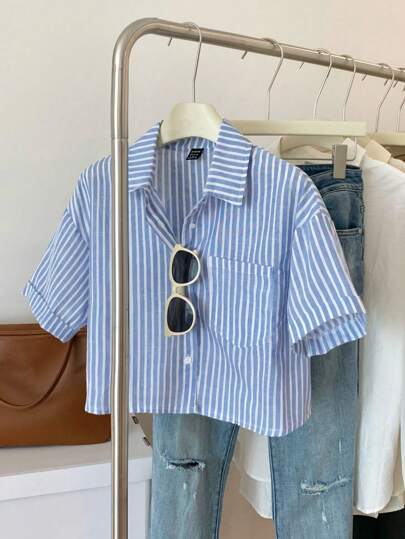 Elamini Camisa de mujer de manga corta casual holgada con estampado de rayas, manga enrollada