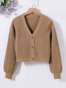 SHEIN Tween Girl Casual V-Neck Button Down Cardigan, Minimalist Style, Suitable For Autumn/Winter