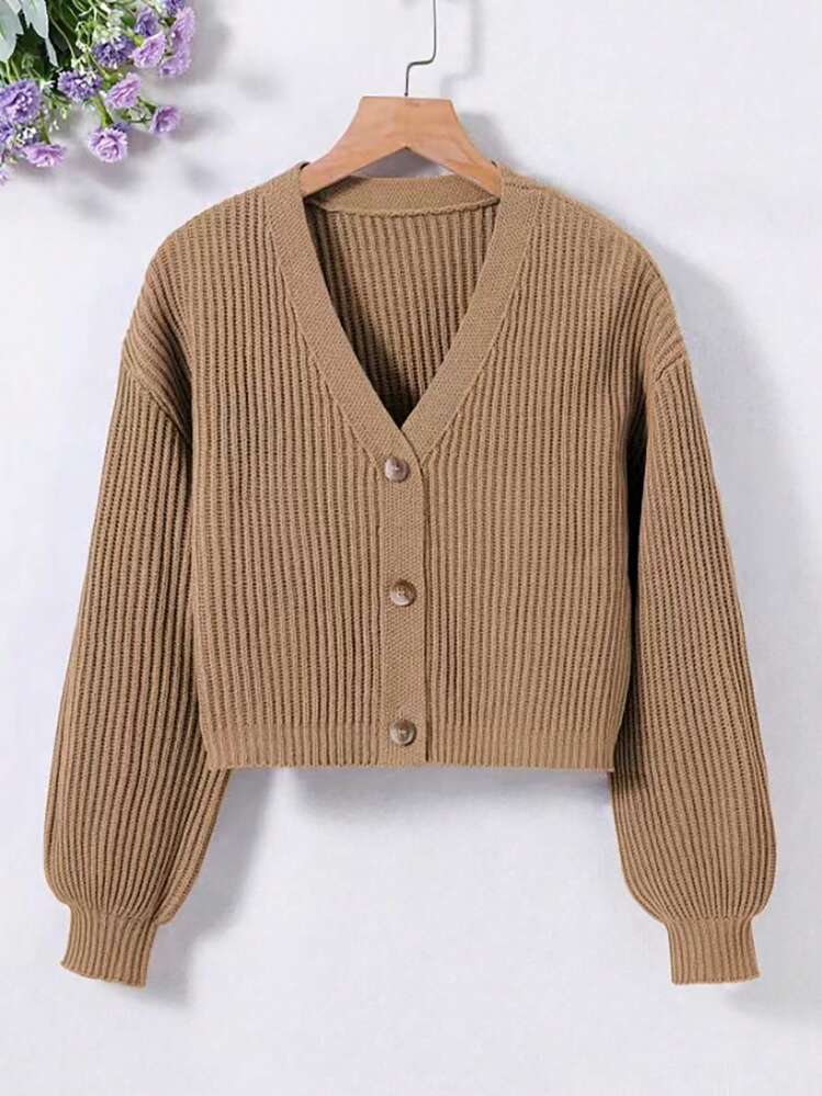 SHEIN Tween Girl Casual V-Neck Button Down Cardigan, Minimalist Style, Suitable For Autumn/Winter - Brown - View 4