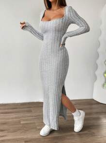 INAWLY Women Sexy Backless Fitted Split Hem Dress, Autumn Fall Cloth For Women - Grey - View 5