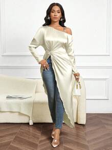 SHEIN Lady Apricot Gorgeous Satin Shirt Metallic Decoration Asymmetric One Sleeve Shirt Twist Design Women's Shirt Long Sleeve Shirt Fall Women Tops - Red and White - View 3