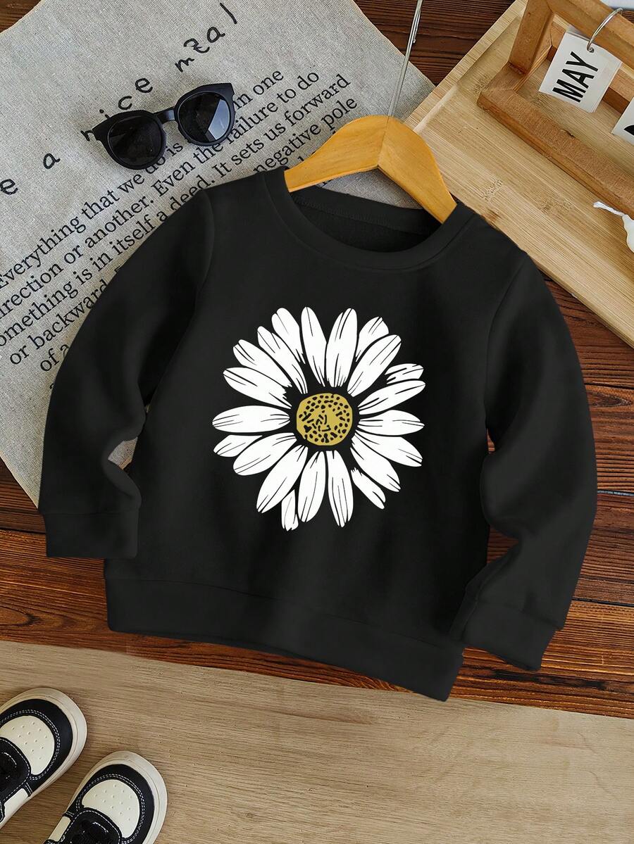 Áo nỉ cổ tròn in họa tiết hoa cúc cho bé gái, mùa thu - màu đen - Xem 1