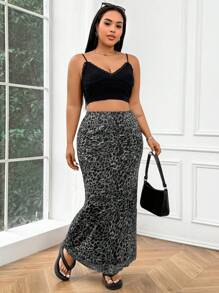 SHEIN Tall CURVE Plus Size Autumn Fashionable Leopard Print Fitted Long Skirt - Grey - View 5