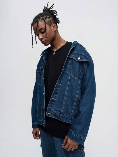 Street Life Giacca di jeans casual da uomo con colletto alla coreana, bottone singolo e tasche con patta, adatta per l'autunno