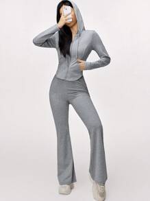 Mulvari Conjunto informal de 2 piezas con sudadera con capucha con cremallera de unicolor y pantalón largo, para otoño