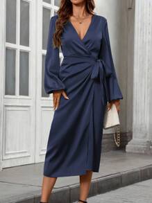 SHEIN Clasi Women's Elegant Solid Color Surplice Neck Lantern Sleeve Wrap Tie Front Midi Dress, For Spring & Autumn Maxi Satin Women Outfit Fall Cloth For Women - Navy Blue - View 4