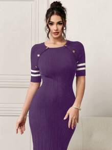 Modelyn Women Casual Color Block Striped Short Sleeve Fitted Sweater Dress, Autumn/Winter