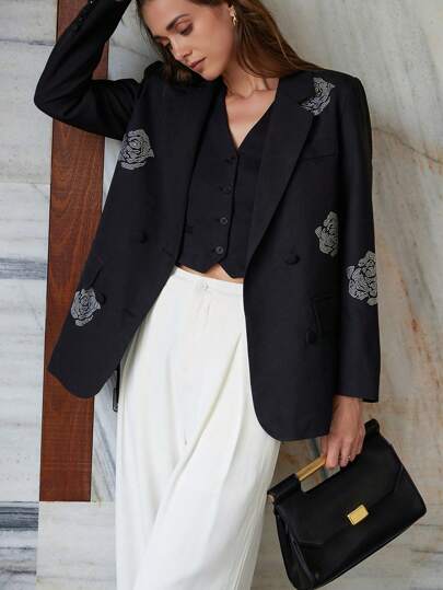 SHEIN Black Friday x Star Picks Aveloria 法式优雅高端时尚玫瑰珠宝宝石装饰腰带修身西装外套