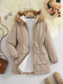 Abrigo medio holgado y cómodo de color beige para niña preadolescente, con capucha forrada y peludo cuello con bolsillos, abrigado para otoño e invierno