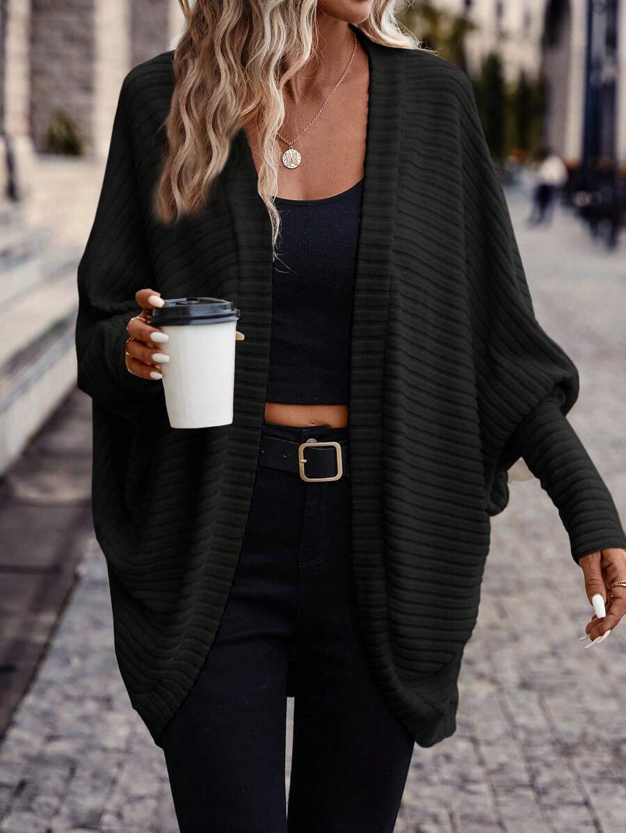 SHEIN Frenchy Women Solid Color Batwing Sleeve Open Front Casual Jacket, Autumn Winter Black Spring - Black - View 1