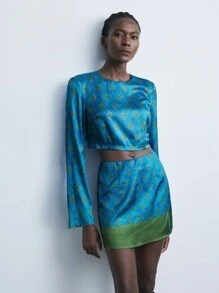 Maija 女士时尚现代都市派对及休闲假日人造丝编织艺术印花上衣，蓝色，秋冬 - 彩色 - 查看 3