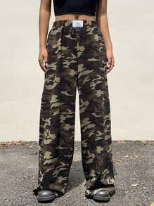 SHEIN EZwear Pantalones deportivos anchos de camuflaje casuales para mujer, aptos para el otoño