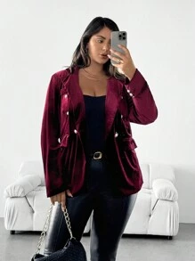 SHEIN Clasi Chaqueta blazer elegante con cuello de botón de terciopelo talla grande para mujer, ropa de Navidad