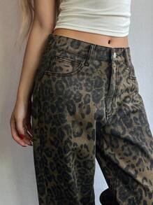 DAZY Jeans de pierna recta con estampado de leopardo para mujer