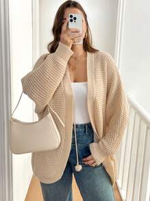 SHEIN Essnce Plus Size Women's Long-Sleeved Knitted Sweater Cardigan,Beige Elegant Fashion Everyday Smart Casual Commuting Thanksgiving Christmas Top Fall/Winter - Apricot - View 4