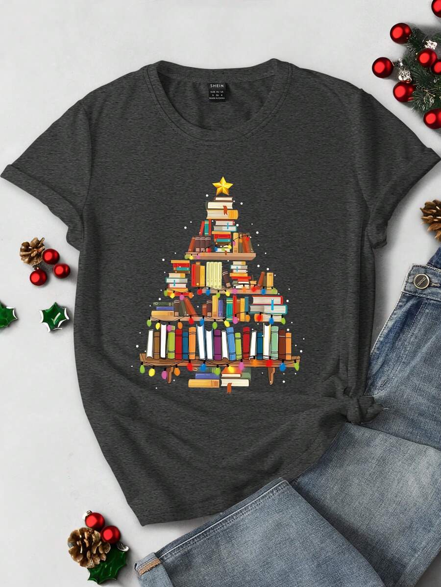 SHEIN LUNE Christmas Book & Xmas Tree Print Short Sleeve Slim Fit