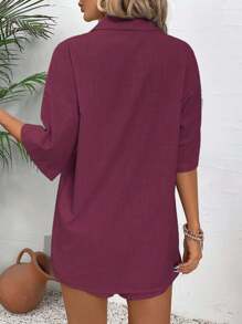 EMERY ROSE Set de 2 piezas de camisa holgada casual de mujer con botones y pantalón corto, unicolor - Burdeos - Ver 2