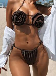 Swim SXY New In Summer And Fall, Featuring Deep Coffee And Deep Brown Colors With 3D Oversized Floral Design, This Two-Piece Bikini Set Exudes Sexiness And A Bold European And American Style, Perfect For Holiday Beach And Swimwear Party Outfits - Chocolate Brown - View 1
