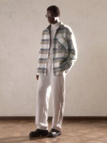 AKNOTIC Business Casual 圣诞节男士梭织撞色格子宽松休闲翻领落肩长袖纽扣前开衫，适合秋季、日常、新年、圣诞节，带有拼布领子和口袋，适合秋冬 - 藍色 - 查看 2