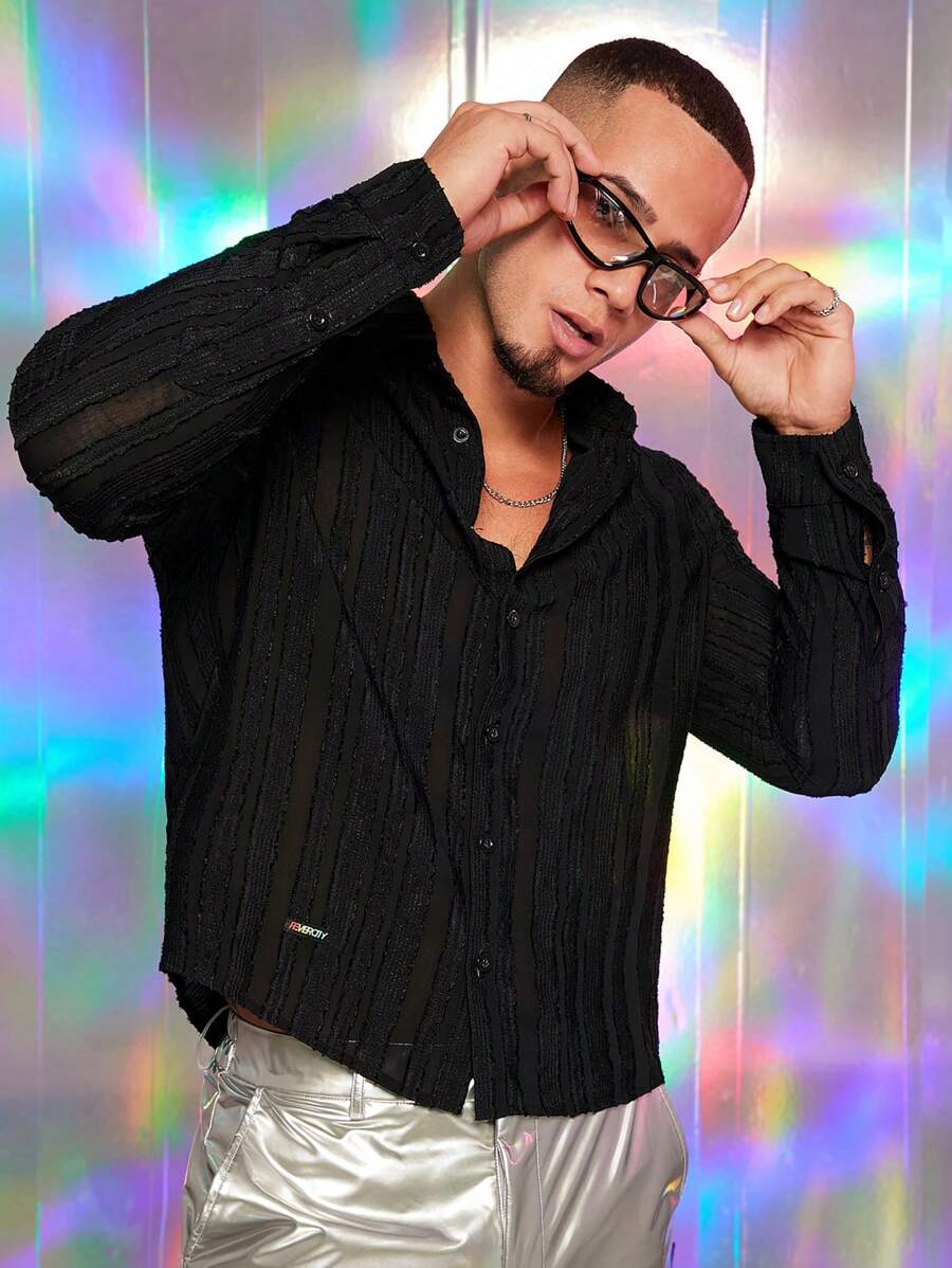 FeverCity Áo sơ mi trơn đơn hàng ngày dài tay màu trơn cho nam, mùa thu, tiệc tùng, đi chơi, quà tặng bạn trai - màu đen - Xem 1