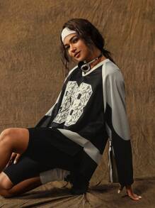 VARSITIE Áo thun giữ nhiệt Ersey Áo nỉ đơn sắc họa tiết số dài tay dành cho nữ, kiểu dáng tối giản, thường ngày - Đen và trắng - Xem 6