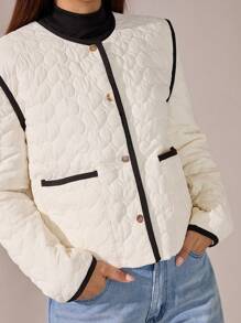 BizChic 女士白色绗缝圣诞夹克长袖外套，优雅通勤夹克