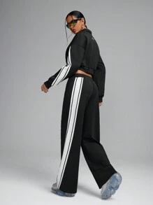 Innovista Loose Fit Air Layer Knitted Zip-Up Zip Up Colorblock Sets, 2pcs, Cropped Jacket, Splicing Design Sports Jogger, Sweatpants, Casual & Daily Tracksuit, Jersey, Winter Women Clothes, Fall Winter Women Outfit,Tracksuit