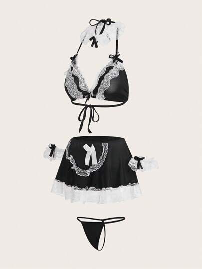 Fantasy Costume Contrast Kanten Bow Front Maid Lingerie Set 1pair Gloves Tie view 6