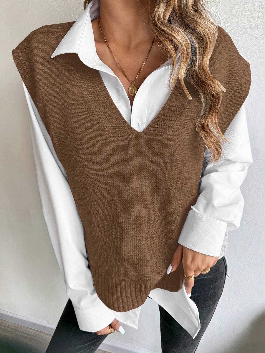 Chiquease Women Casual Solid Color Regular Loose Fit Sweater Vest, Not Including Blouse - Coffee Brown - View 1