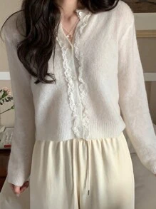DAZY 女士薄款纯色前扣蕾丝拼接长袖毛衣，荷叶边 - 白色 - 查看 5