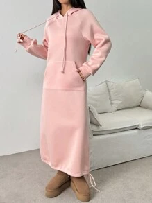 Chiquease Vestido tipo sudadera oversize con bolsillos, manga larga, diseño de abertura, forro esponjoso, estilo europeo casual, otoño/invierno
