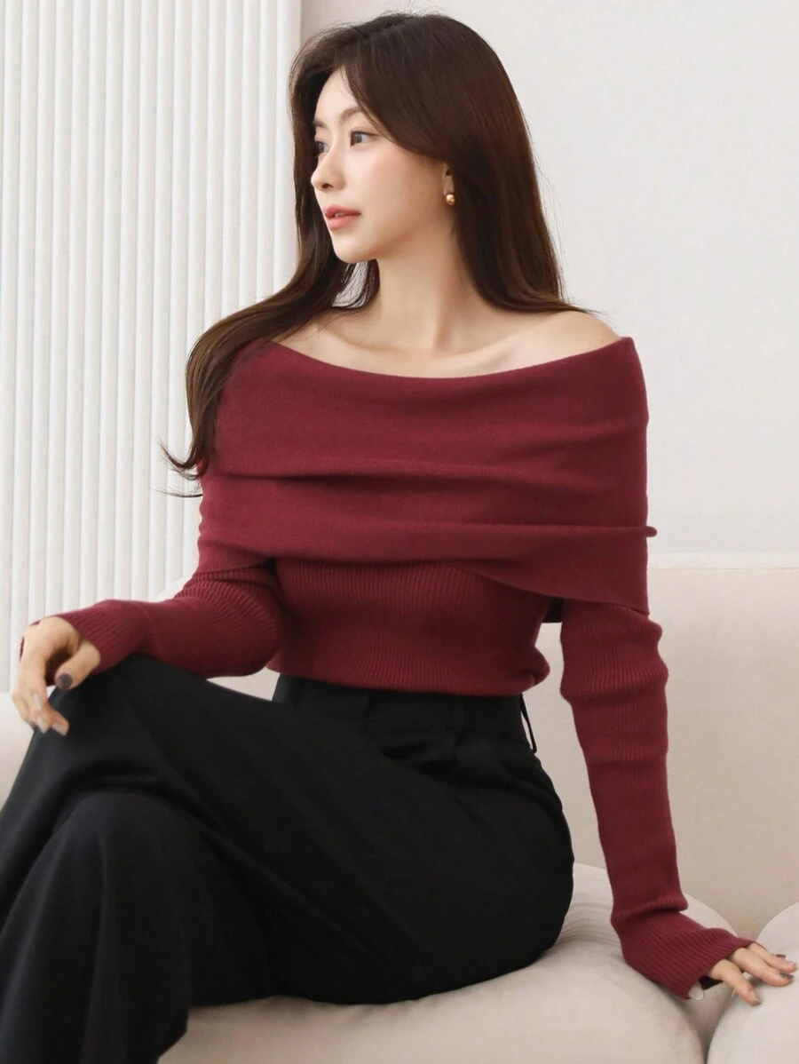 DAZY 女士纯色露肩毛衣，适合情人节和秋季服装 - 紅色 - 查看 1